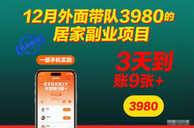 12月外面带队3980的居家副业项目,一部手机实测3天到账9张+,首发教程【揭秘】-一米创业记