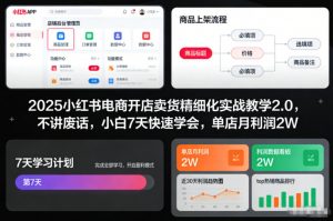 2025小红书电商开店卖货精细化实战教学2.0，不讲废话，小白7天快速学会，单店月利润2W-一米创业记