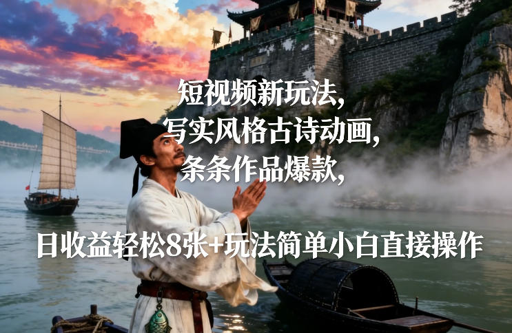 短视频新玩法，写实风格古诗动画，条条作品爆款，日收益轻松8张+玩法简单小白直接操作-一米创业记