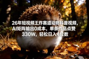 26年短视频王炸赛道动物科普视频，AI矩阵输出0成本，单条作品点赞330W，轻松日入4位数-一米创业记