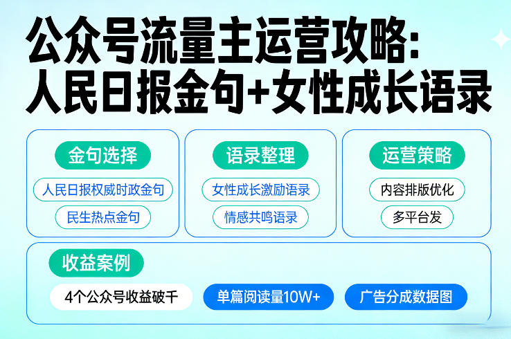 利用人民日报金句+女性成长语录做公众号流量主，4个公众号收益破千-一米创业记
