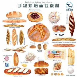 手绘水彩面包烘焙法棍甜甜圈甜点手账卡片PNG免扣图设计素材-淘宝虚拟宝库